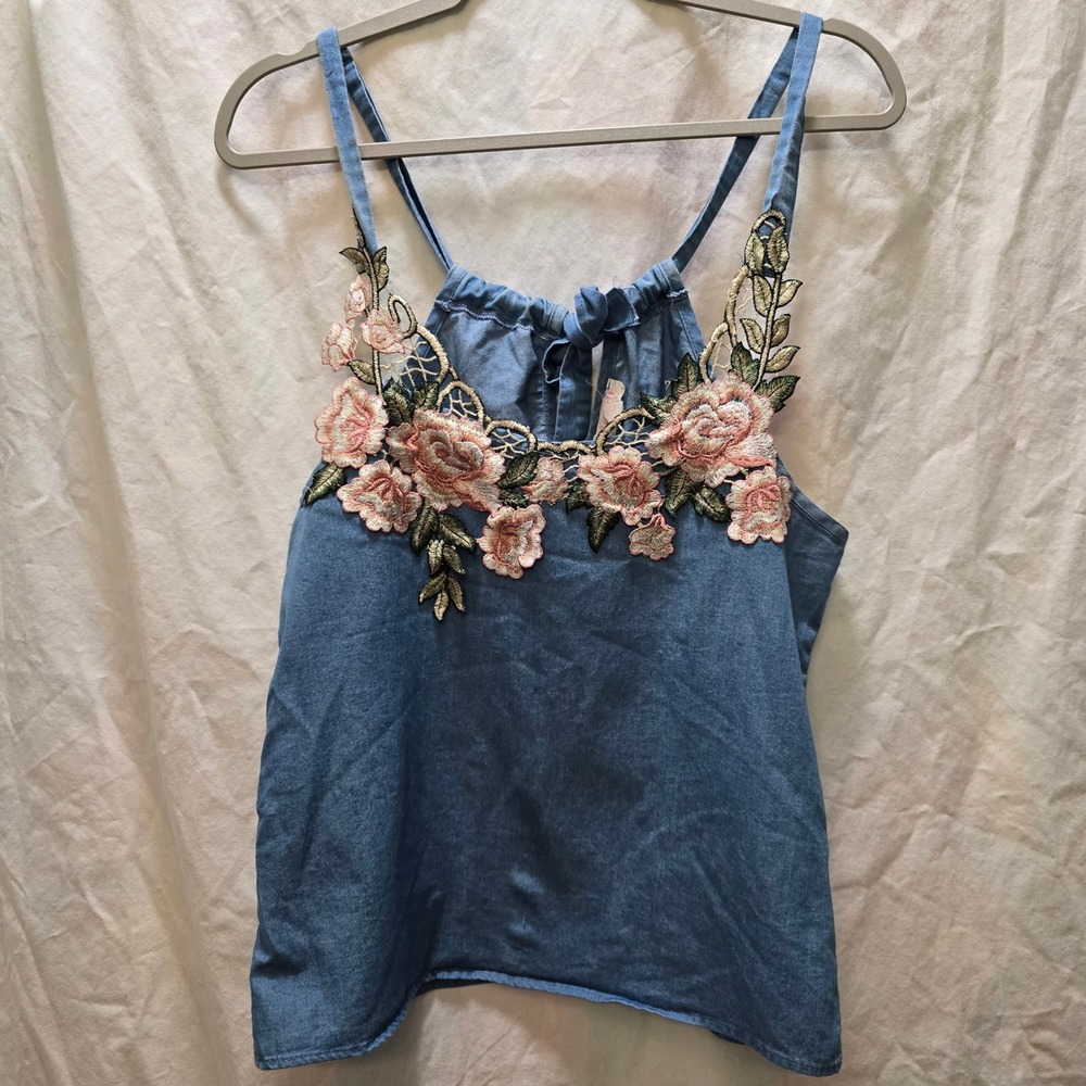 Y2K A'GACI Chambray Floral Applique Cami Tank Top Women's Size Small Blue